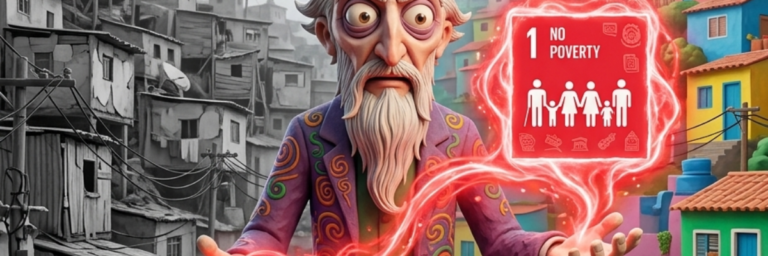 Ilustração do personagem Alquimista da Cultura segurando o símbolo vermelho do ODS 1 sobre a erradicação da pobreza. Ele utiliza a magia da arte para transformar um cenário de periferia vulnerável em uma comunidade vibrante e próspera através da economia criativa.