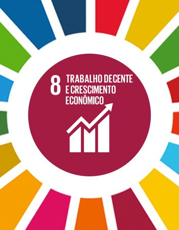 Ilustração do Objetivo de Desenvolvimento Sustentável 8 da ONU, com o número 8 ao centro e ícone de gráfico ascendente, representando trabalho decente e crescimento econômico.