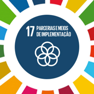 Ícone do ODS 17 da ONU, “Parcerias e Meios de Implementação”, com o número 17 ao centro em fundo azul e símbolo circular de interconexão, cercado pelas cores dos 17 Objetivos de Desenvolvimento Sustentável.