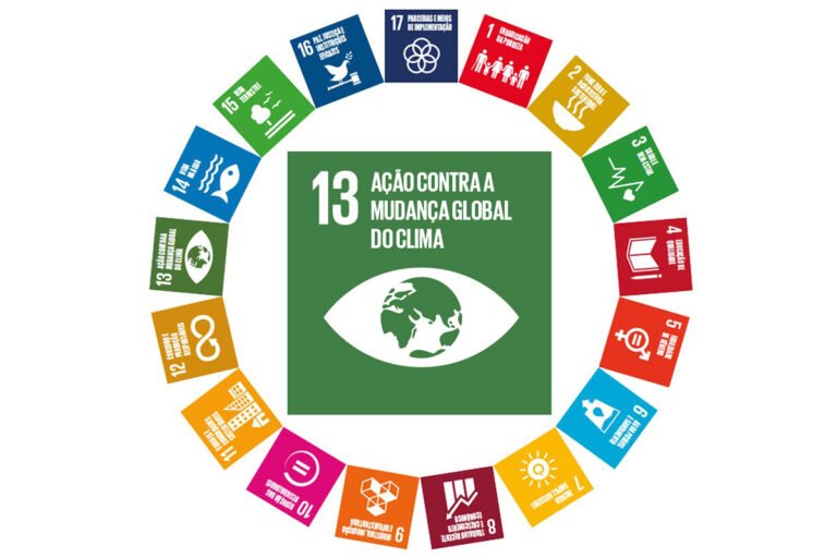 Ícone do ODS 13 da ONU – Ação contra a mudança global do clima – ao centro do círculo com os 17 Objetivos de Desenvolvimento Sustentável.