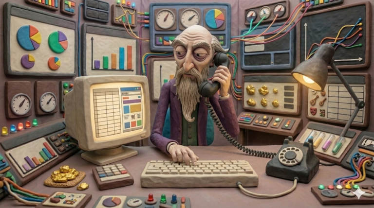 Ilustração 3D em estilo massinha de um senhor com barba branca, o "alquimista cultural", falando ao telefone e digitando em um computador. Ele realiza uma pesquisa de preços para projetos culturais em uma mesa repleta de gráficos, planilhas e painéis de controle coloridos.