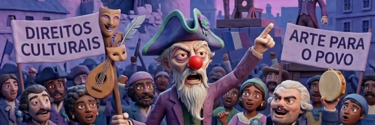 Ilustração em estilo argila 3D representando uma cena da Revolução Francesa. No centro, o Alquimista da Cultura, um homem idoso de nariz vermelho, chapéu tricórnio verde e casaco roxo, ergue o braço em gesto de convocação enquanto lidera uma multidão diversa. Ao fundo, a Bastilha e uma guilhotina sob céu púrpura. A multidão carrega cartazes com os dizeres "Direitos Culturais" e "Arte para o Povo", além de instrumentos musicais como alaúde e pandeiro. Placas com símbolos de teatro, música e artes visuais decoram uma barricada de pedras em primeiro plano.
