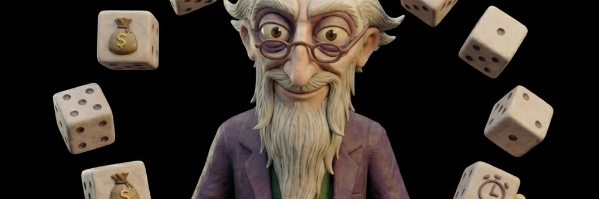 Ilustração 3D em estilo massinha representando o Alquimista da Cultura, um senhor idoso de barba branca longa, óculos redondos e casaco roxo com gola verde, cercado por dados flutuantes ao fundo escuro. Alguns dados exibem faces numéricas tradicionais, enquanto outros trazem símbolos de saco de dinheiro e relógio, representando recursos financeiros e gestão do tempo em projetos culturais.