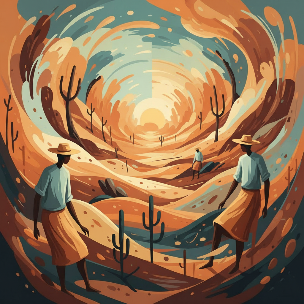 Ilustração artística em tons terrosos e azulados mostrando três figuras com chapéus de palha em uma paisagem do sertão brasileiro, cercadas por cactos e formas ondulantes que evocam a cultura e a energia criativa do interior do Brasil.